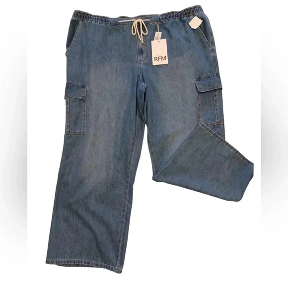 Royalty For Me RFM Cargo Medium Wash Elastic Waist Jeans  Size 24W - Picture 1 of 8